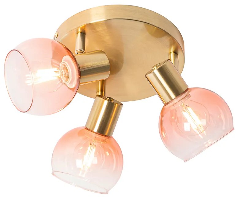 Refletor de teto Art Déco dourado com vidro rosa 3 luzes - Vidro Art Deco