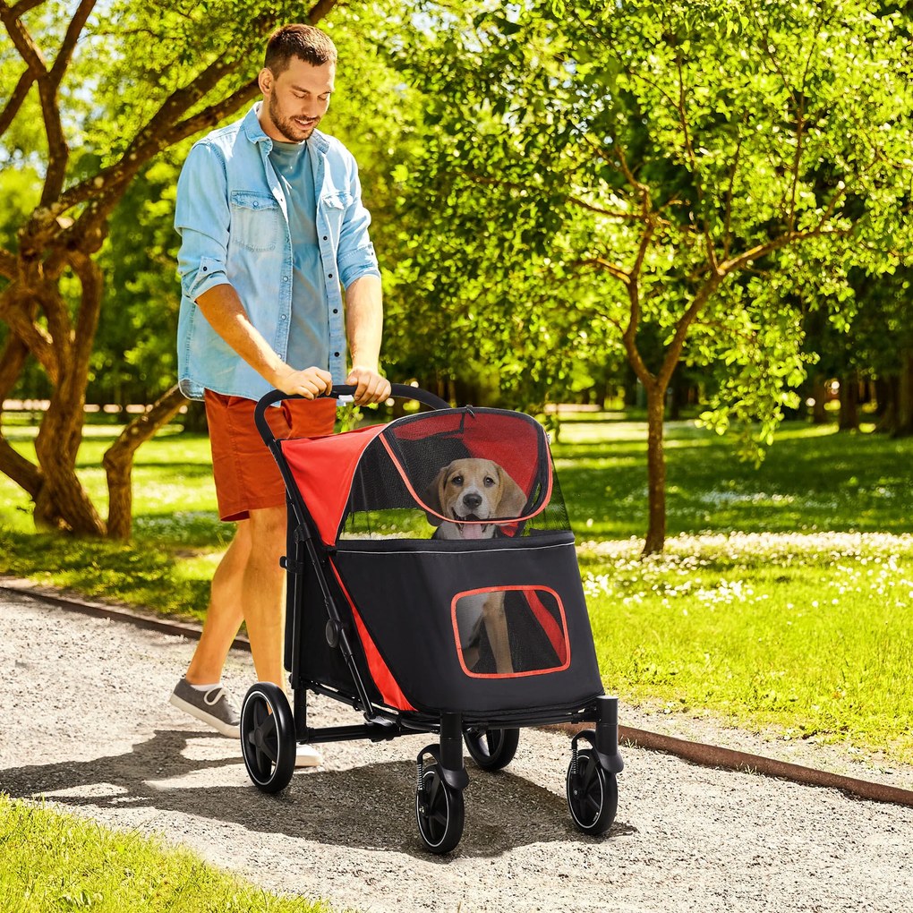 Carrinho para Cães Dobrável com Janelas de Malha Cinto de Segurança e Bolsos de Armazenamento 112x65x100 cm Vermelho