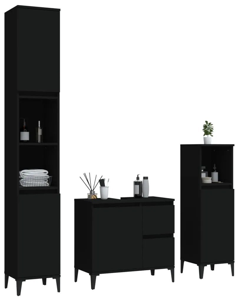 3 pcs conjunto móveis casa de banho derivados de madeira preto