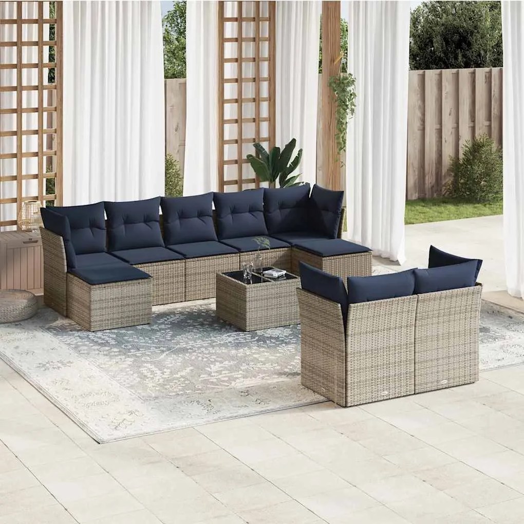 vidaXL 10 pcs conjunto sofás p/ jardim c/ almofadões vime PE cinzento