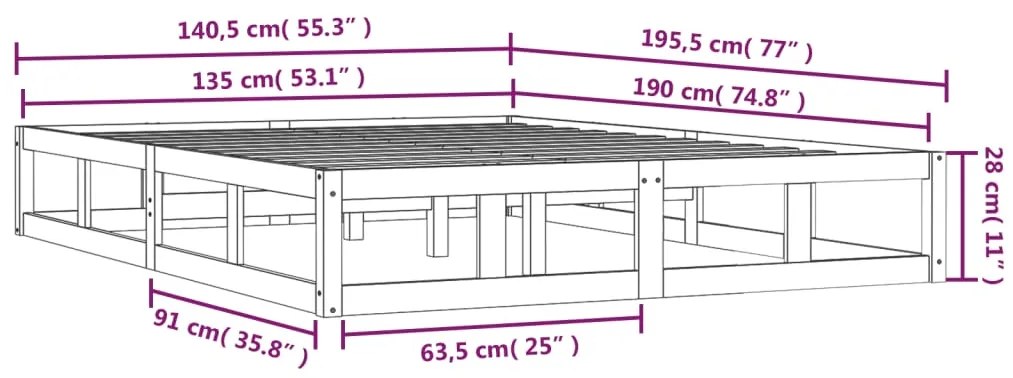 Estrutura de cama casal 135x190 cm madeira maciça branco