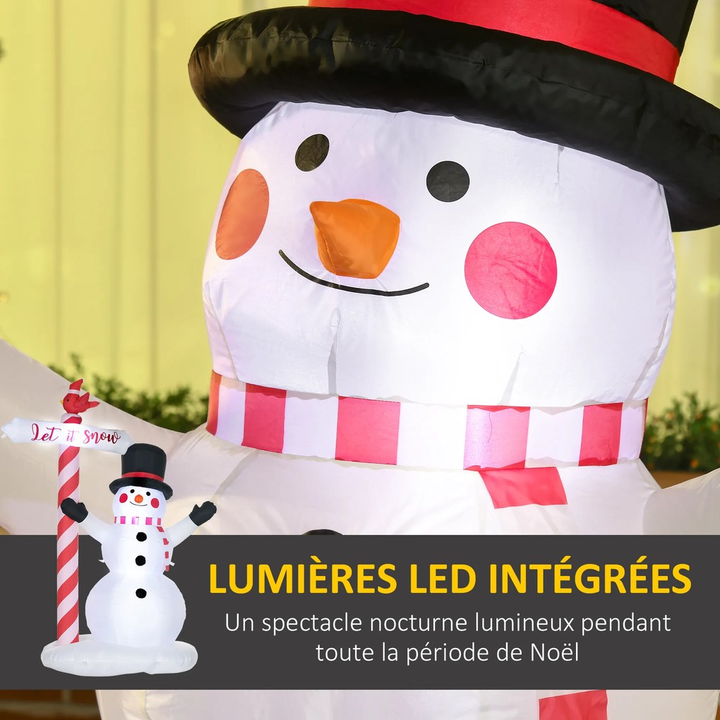 Boneco de neve insuflável altura 213 cm com cartaz de 3 LEDs, em poliéster impermeável, branco