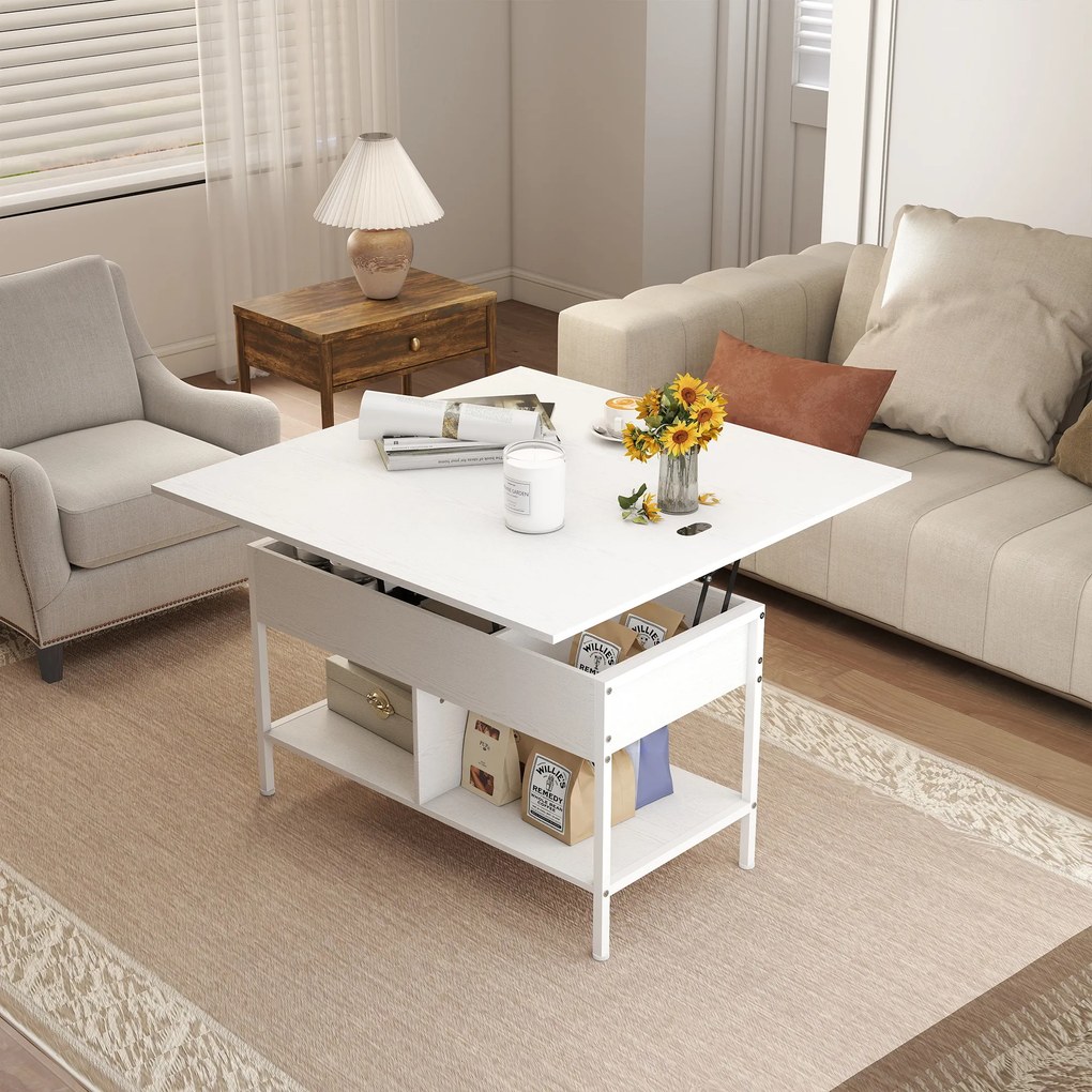 Mesa de centro 98 x 49 x 55 cm elevável e extensível, com compartimento oculto e prateleiras abertas, branca