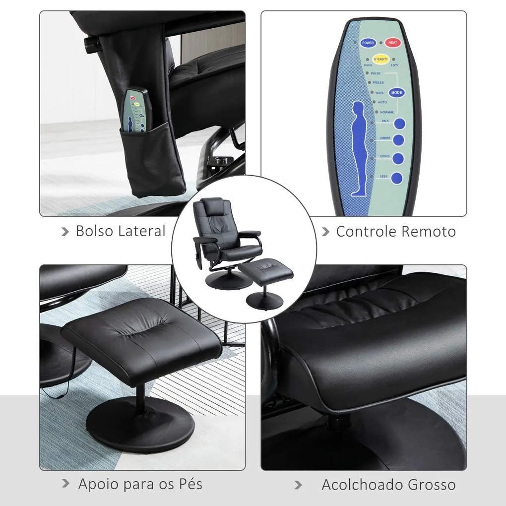 Poltrona de Massagem Elétrica com Banco para Apoiar os Pés Poltrona Relax Giratório Reclinável em até 145° com Controle Remoto e 10 Zonas de Massagem