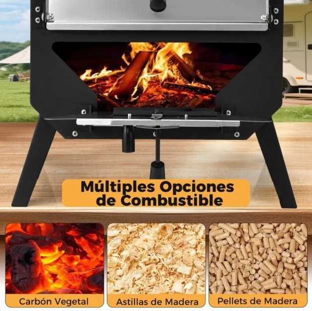 Forno para pizza ao ar livre com pedra para pizza, tabuleiro e tampa em aço inoxidável para campismo 45 x 43 x 61 cm Preto