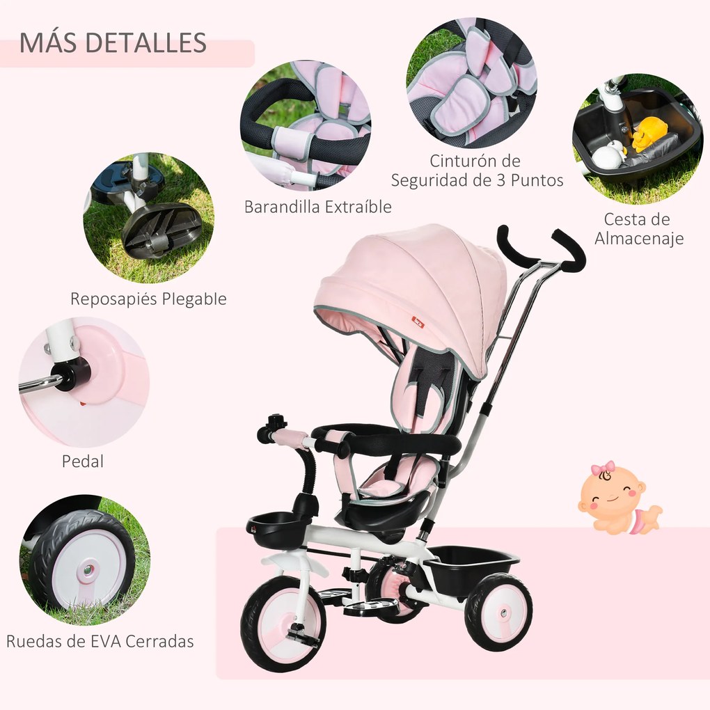 HOMCOM Triciclo para Bebé 2 em 1 Triciclo Evolutivo para Crianças de 1-5 Anos com Capô Dobrável Guiador Telescópico Grade de Proteção Removível e Apoio para os Pés 100x48x106cm Rosa