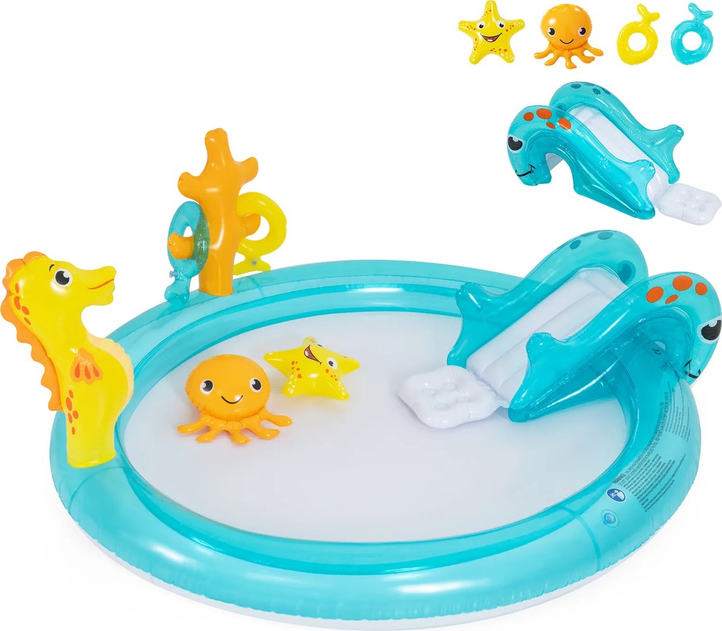 Piscina insuflável 207 x 168 x 77 cm infantil com escorrega, pulverizador, cavalo-marinho e conjunto de aros com tema marítimo para crianças dos 2 aos