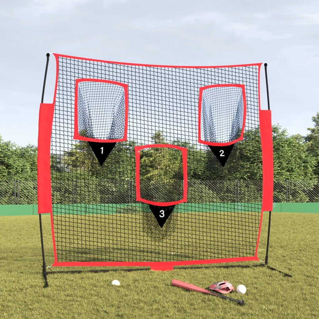 93747 vidaXL Rede de basebol portátil 183x105x183cm poliéster preto/vermelho