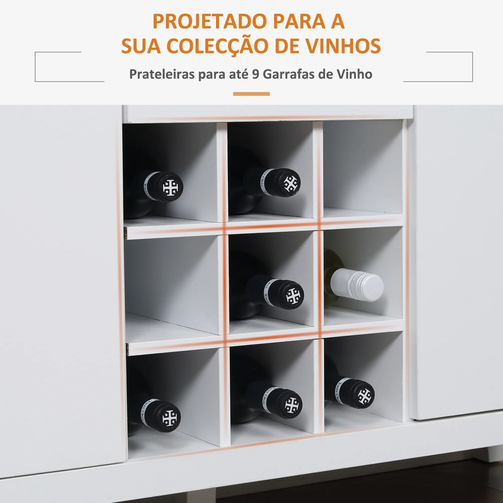 HOMCOM Aparador de Cozinha Moderno com 2 Gavetas 2 Armários com Prateleiras Ajustáveis e Suporte para 9 Garrafas Móvel Auxiliar de Armazenamento para Sala de Jantar Sala de Estar 110x35x75cm Branco