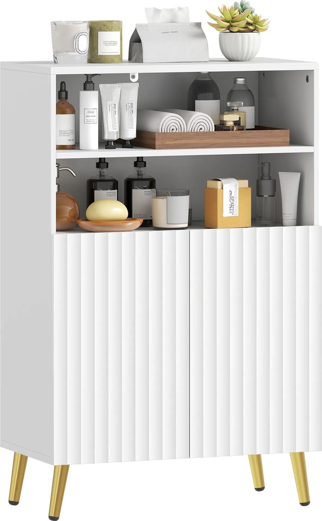 Móvel de casa de banho 60 x 31,8 x 93 cm, armário estreito de casa de banho com 5 prateleiras, portas caneladas com fecho suave, branco