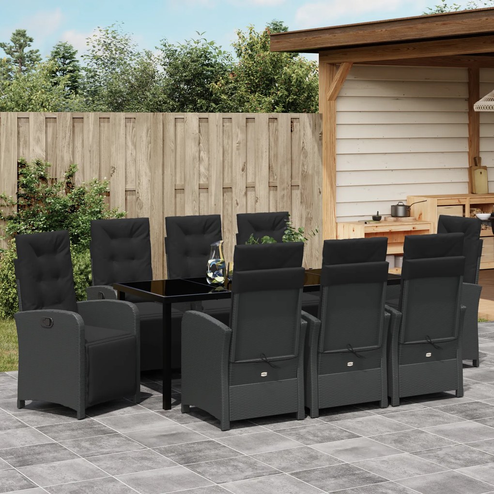 Conjunto de Jantar de Jardim vidaXL de 9 Peças com Almofadas Preto Rat