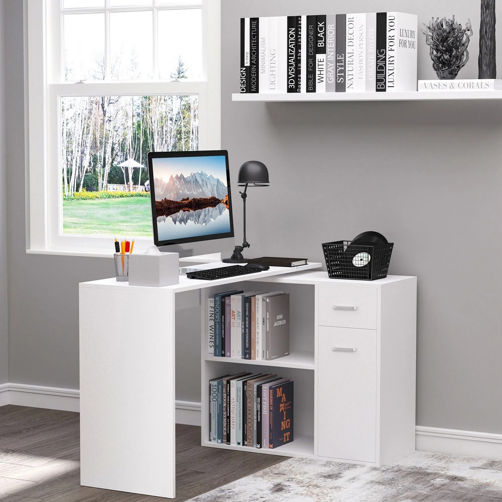 HOMCOM Secretária de Canto Secretária Giratória 180º com 2 Prateleiras 1 Gaveta 1 Armário para Escritório Casa 117x82x74cm Branco