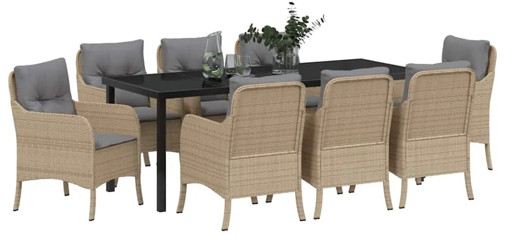 Conjunto de Jantar de Jardim de 9 Peças com Almofadas Bege em Vime Pol