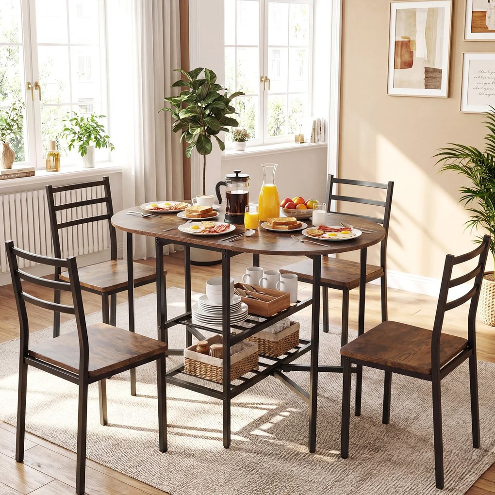 Mesa de jantar extensível e dobrável com 2 extensões rebatíveis 110 x 70 x 76 cm, 2 prateleiras de arrumação e Estrutura metálica para espaços pequeno