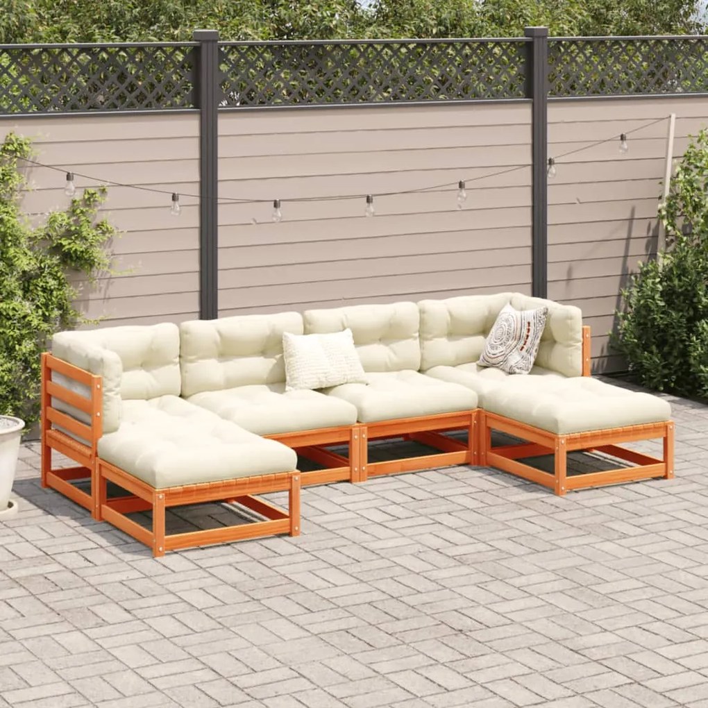 6 pcs conj. sofás jardim almofadões pinho maciço castanho cera