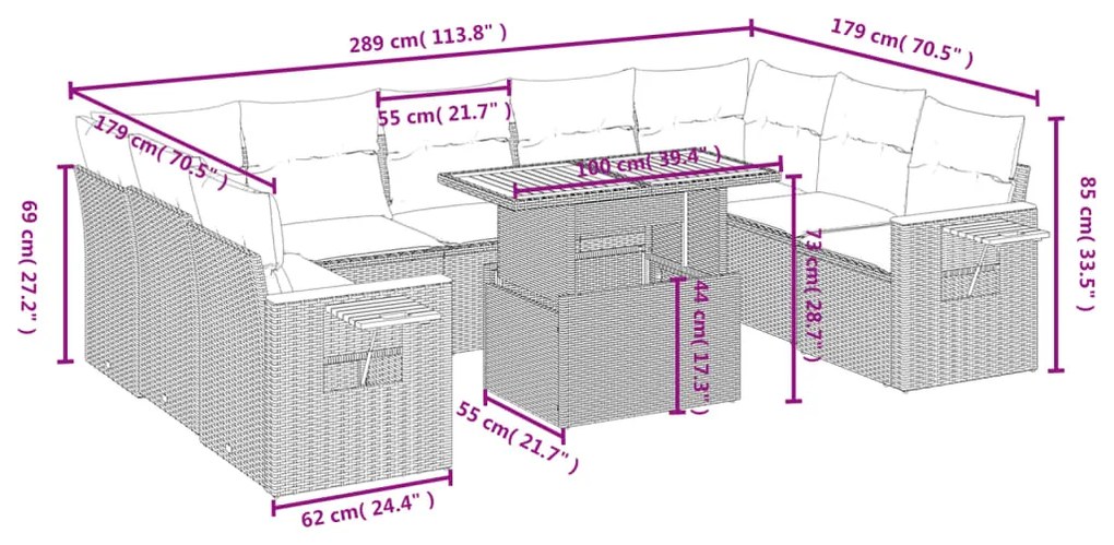 10 pcs conjunto de sofás p/ jardim com almofadões vime PE bege