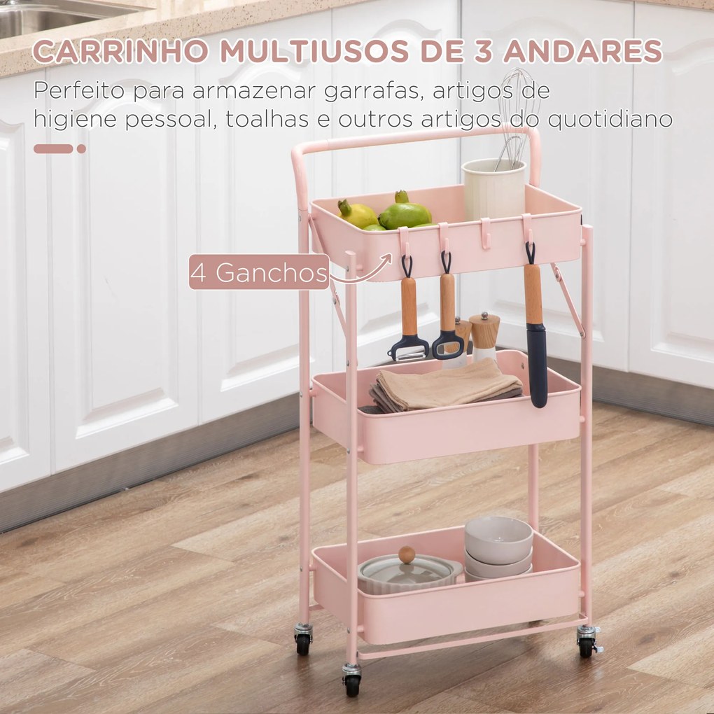 Carrinho Auxiliar com Rodas Dobrável Carrinho de Armazenamento de 3 Níveis com 4 Ganchos para Casa de Banho Cozinha Sala de Estar 43x31x89cm Rosa
