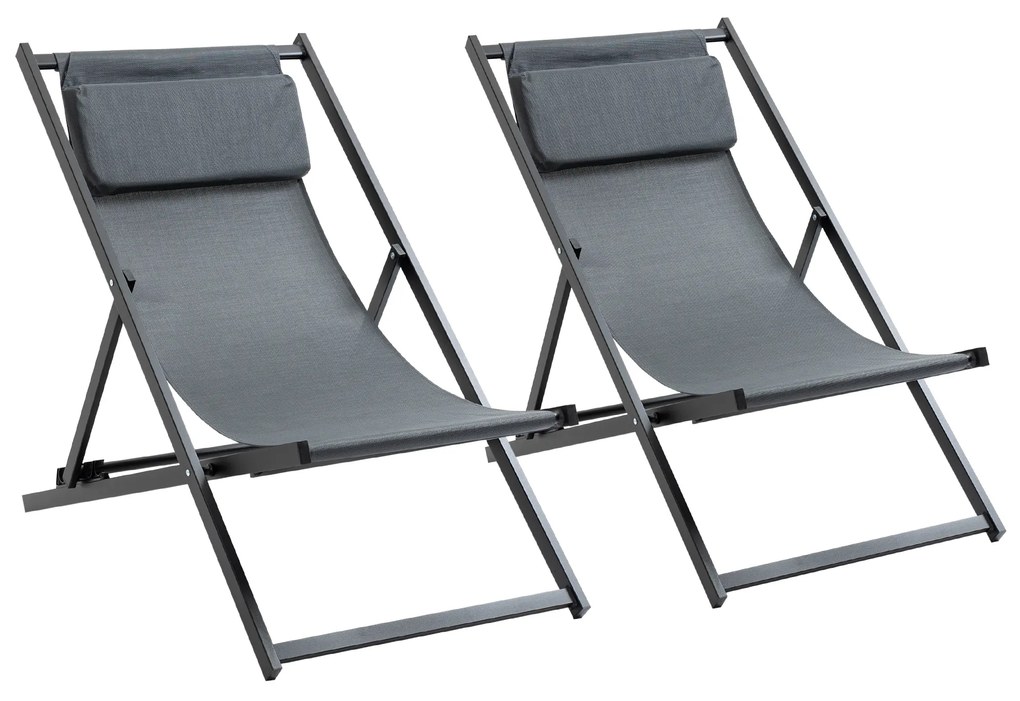 Outsunny Conjunto de 2 Espreguiçadeiras Dobráveis com Encosto Reclinável em 5 Posições e Apoio para a Cabeça Acolchoado 96,5x58x91,5cm Cinza Escuro