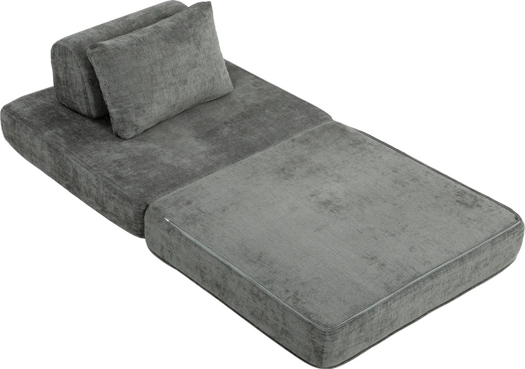 Sofá-cama dobrável 2 em 1, poltrona individual, convertível em chenille, almofada grossa, encosto e almofada de cabeça, cinzento