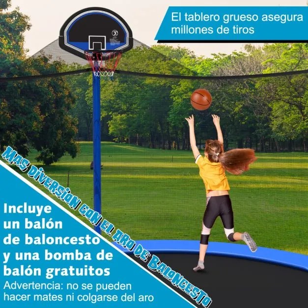 Trampolim para exterior com cesto Basquetebol 366 cm, carga máxima 180 kg, 72 molas, rede de segurança Azul
