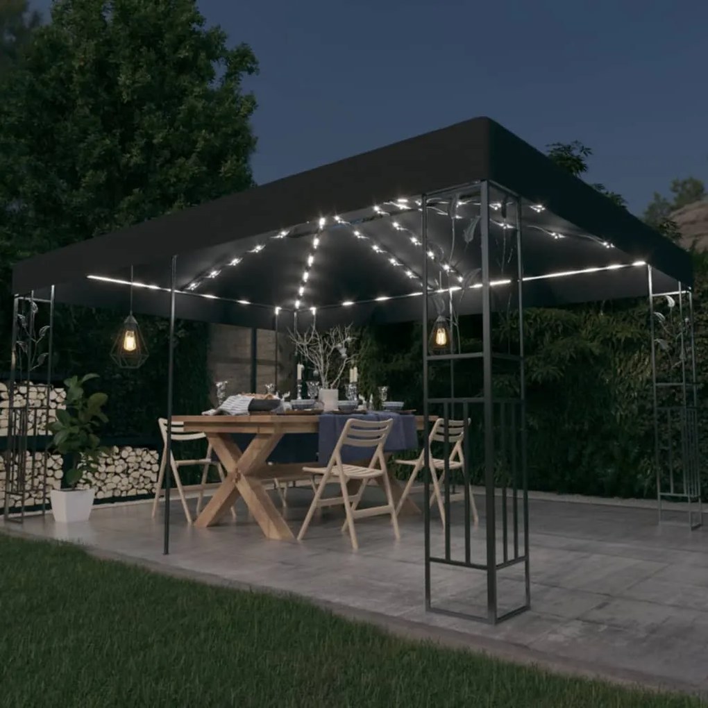 Pérgula com Toldo Duplo e Luzes LED - 4x3m - Cinzento Escuro