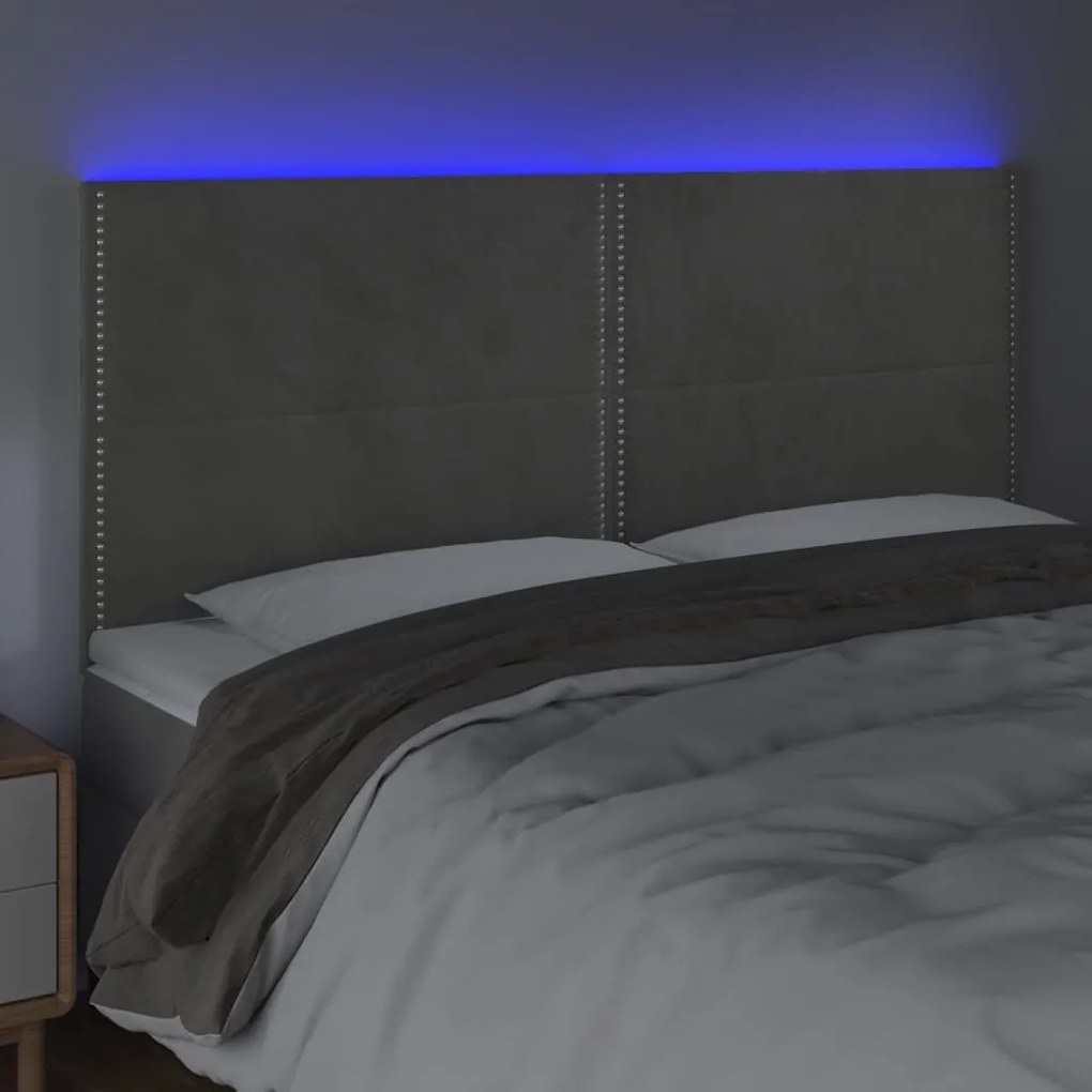 Cabeceira cama c/ luzes LED veludo 180x5x118/128cm cinza-claro