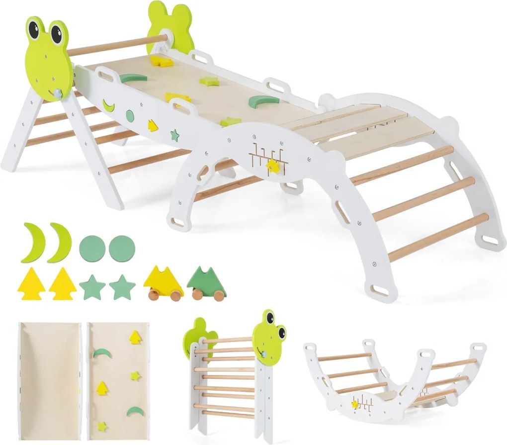 Conjunto triangular 7 em 1 de escalada para crianças pequenas com rampa, escada e arco Conjunto Montessori em madeira branco