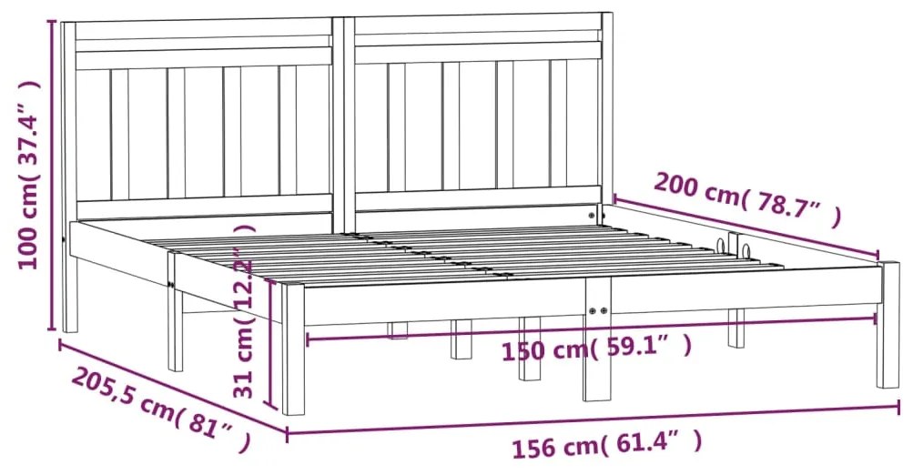 Estrutura de cama king 150x200 cm madeira maciça cinzento