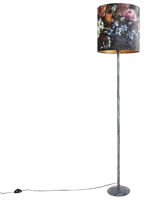 Candeeiro de pé vintage cinzento antigo com abajur floral 40 cm - Simplo Art Deco,Retro