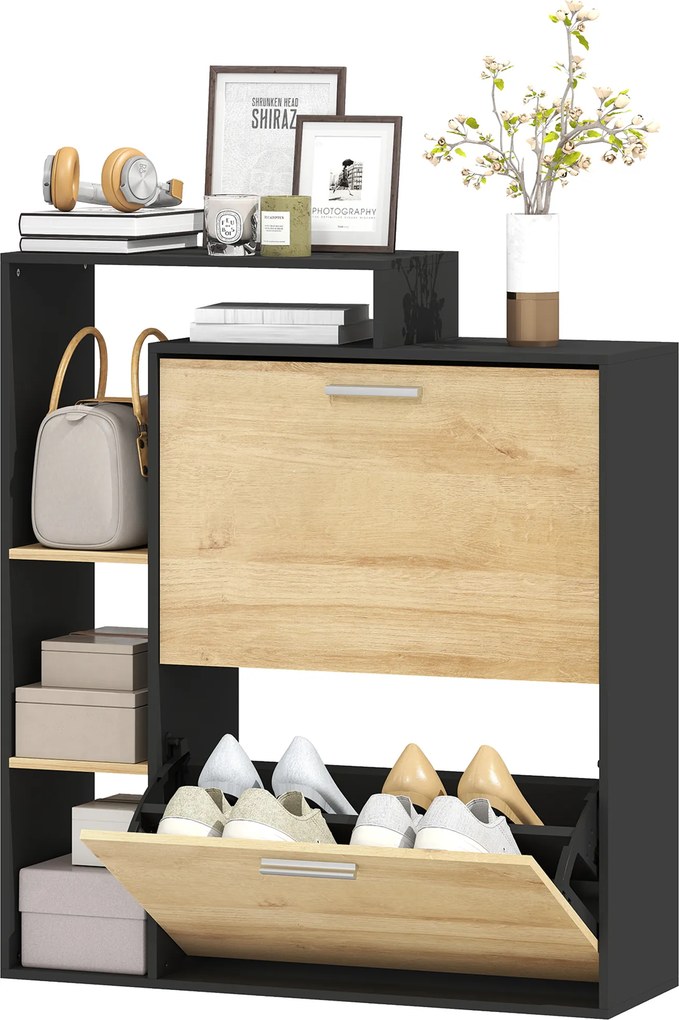 Sapateira com capacidade para 8 pares 80 x 26 x 90 cm, estreita com 2 gavetas rebatíveis, 3 compartimentos abertos, preto, efeito madeira natural