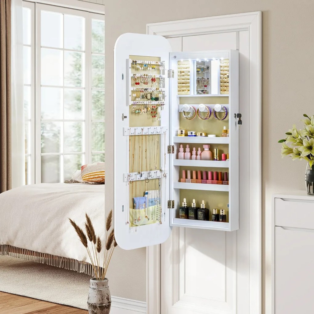 Armário para joias com espelho 42 cm x 10 cm x 107,5 cm e 6 luzes LED de parede ou porta com fecho Espelho arredondado branco