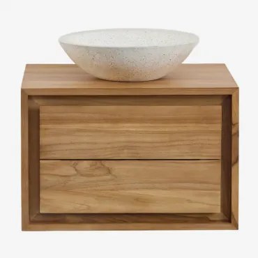 Conjunto De Móvel De Casa De Banho Em Madeira De Teca Jabari Madeira De Teca & Cimento Redondo Branco Ø40 Cm Zavion & Sem Espelho & Sem Torneira -