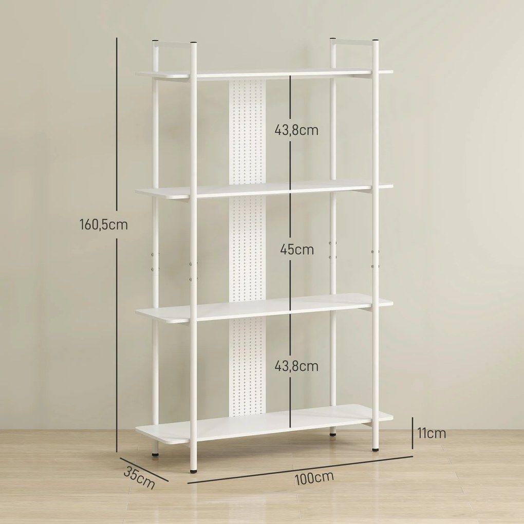 Estante de 4 Níveis Estante para Livros com Painel Perfurado e Estrutura Metálica 100x35x160,5 cm Branco
