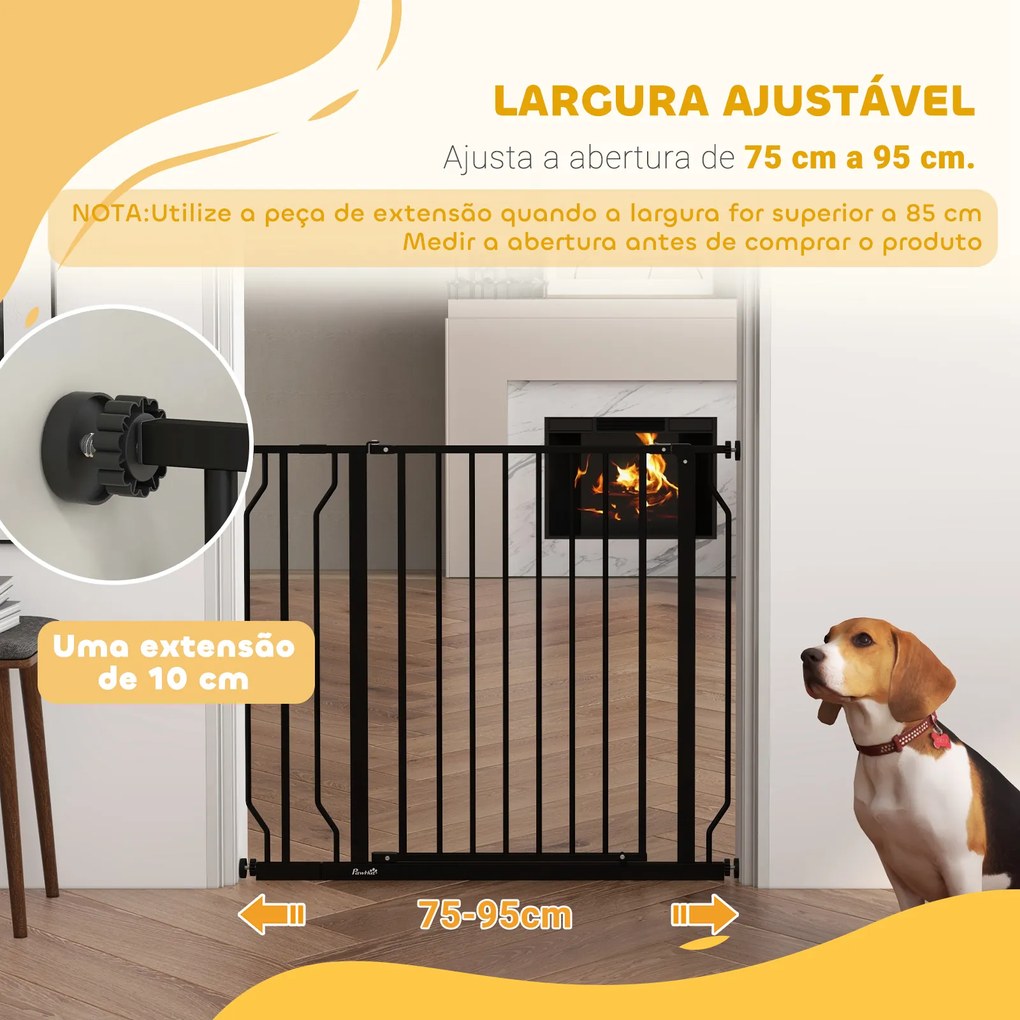 Barreira de Segurança para Cães Extensível para Escadas e Portas 75-95 cm com 1 Extensão e 10 cm Altura 76 cm Preto