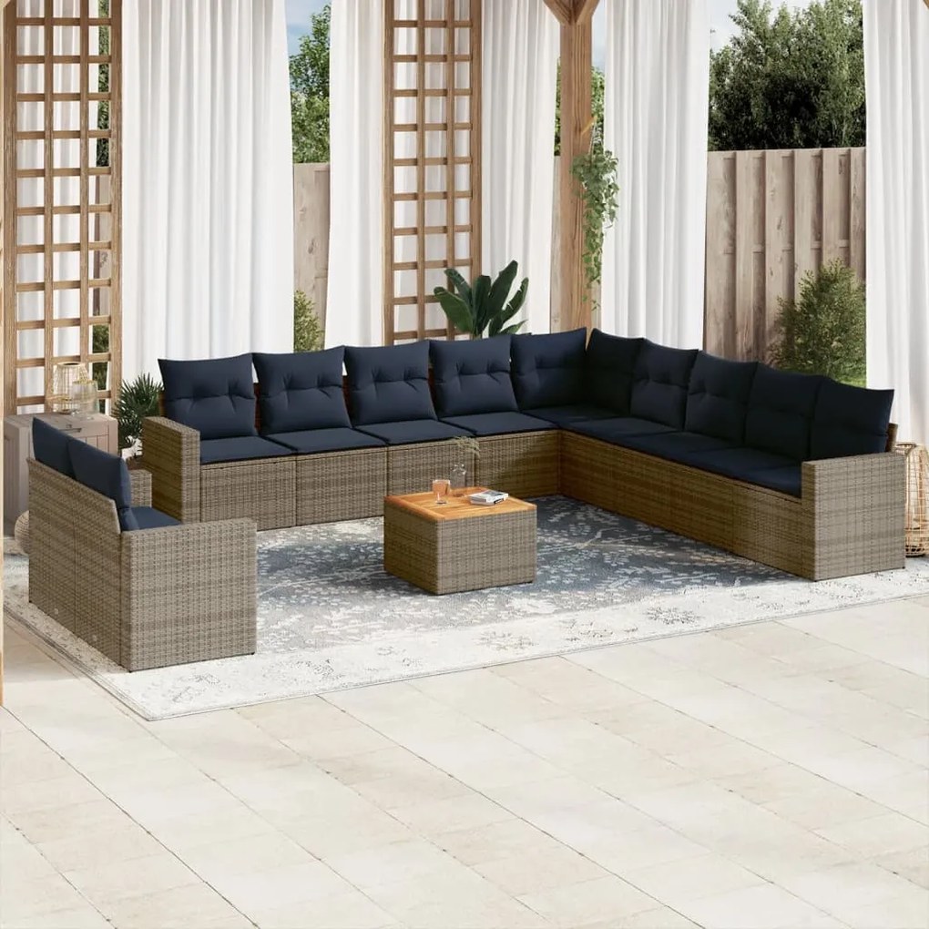 12 pcs conjunto sofás p/ jardim c/ almofadões vime PE cinzento
