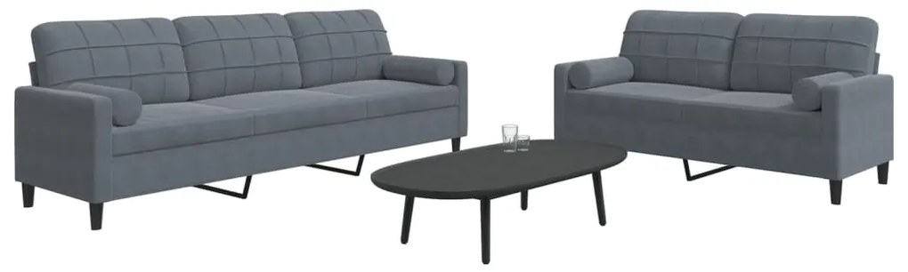 2 pcs conjunto sofás com almofadões e rolos veludo cinza-escuro