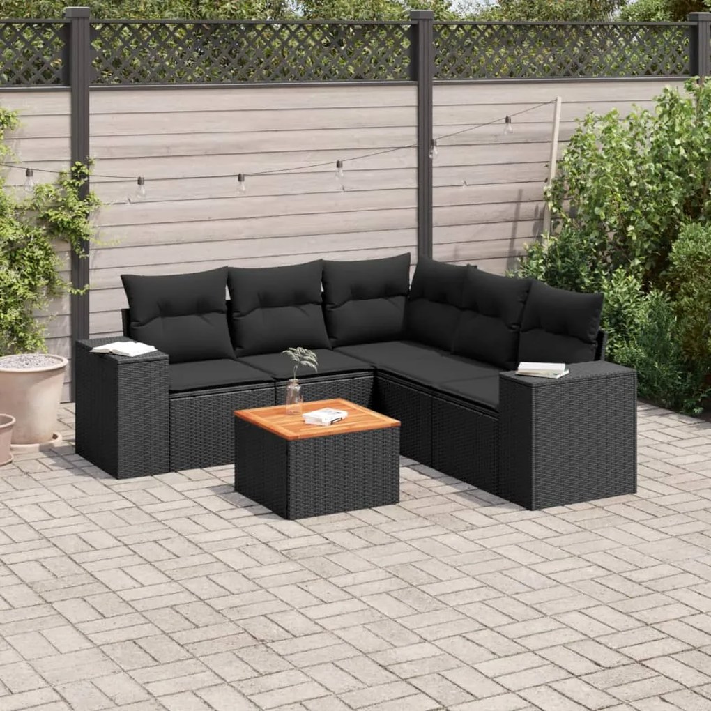 6 pcs conjunto sofás de jardim c/ almofadões vime PE preto