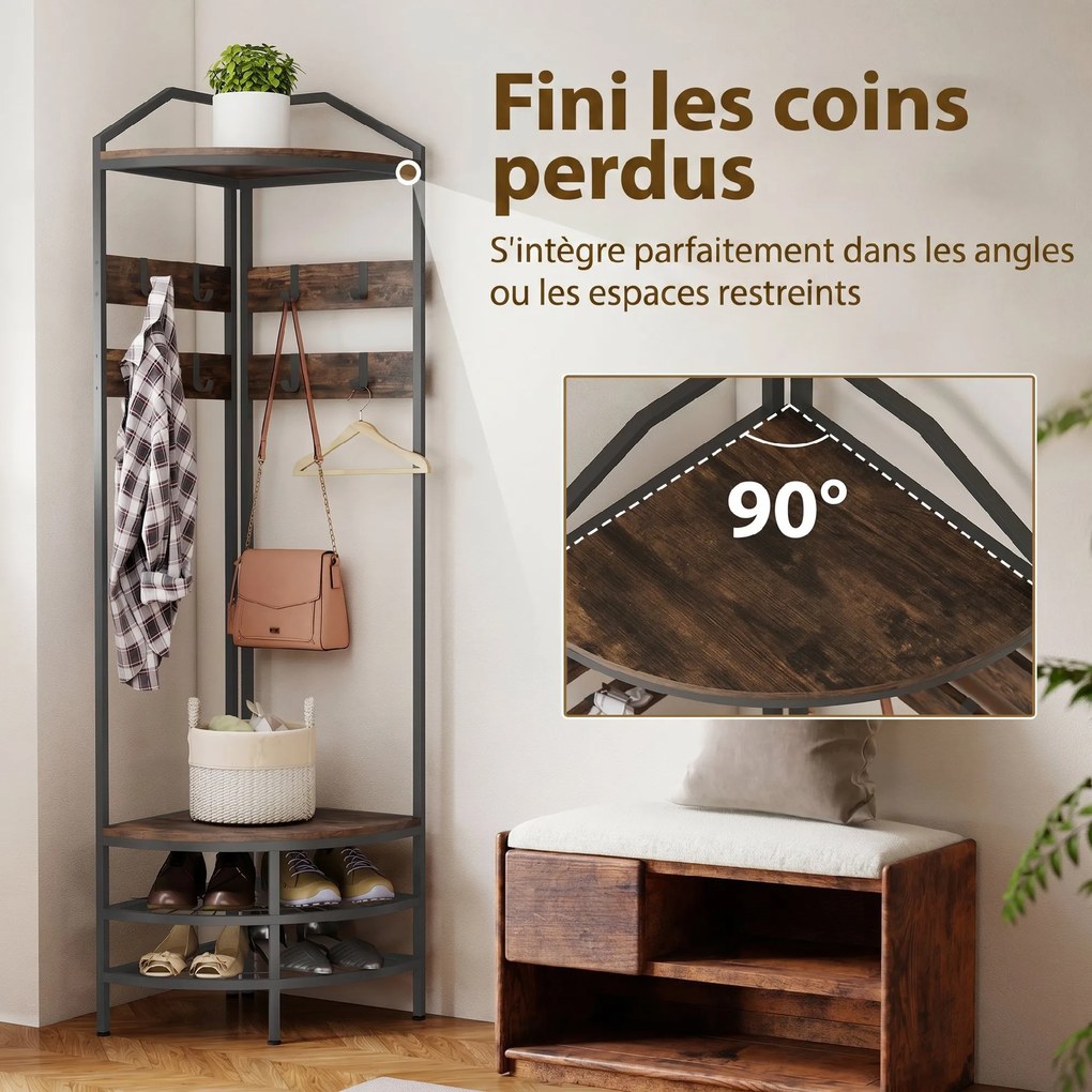 Móvel de entrada de canto 47 L x 47 P x 180 A cm, com 4 níveis, espaço para guardar sapatos, 8 ganchos amovíveis, 2 prateleiras, castanho rústico