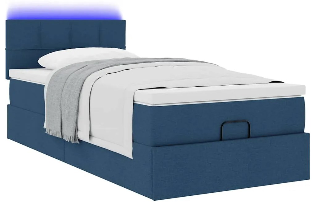 Cama Otomana com Colchão & LEDs Tecido Azul 90x200 cm