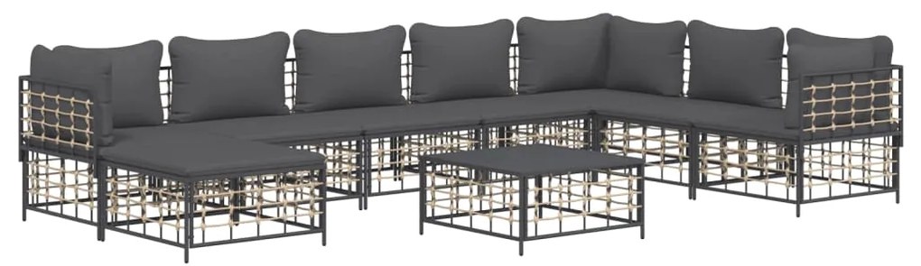 9 pcs conjunto lounge de jardim c/ almofadões vime PE antracite