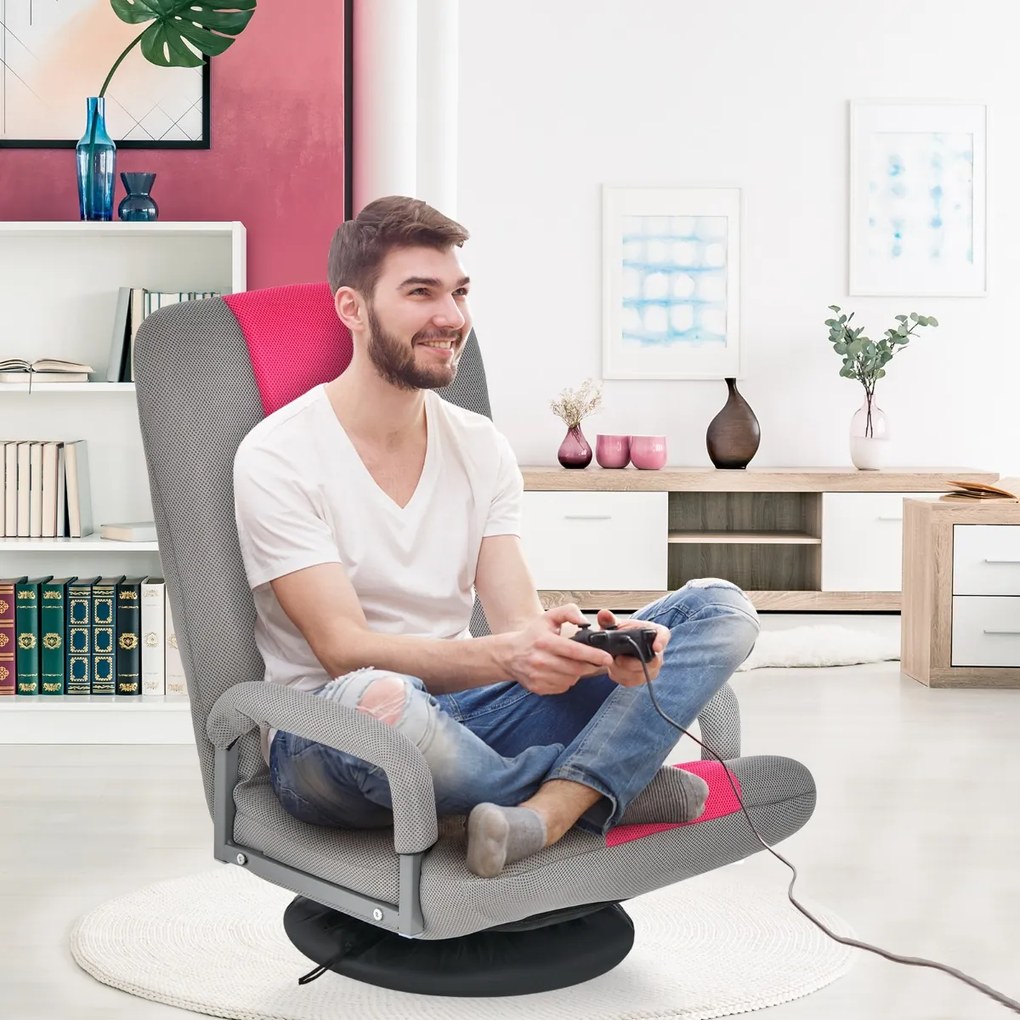 Sofá-cadeira rebatível ajustável em 6 posições com base giratória de 360° para ler e relaxar 61-87 x 55 x 75 cm Rosa