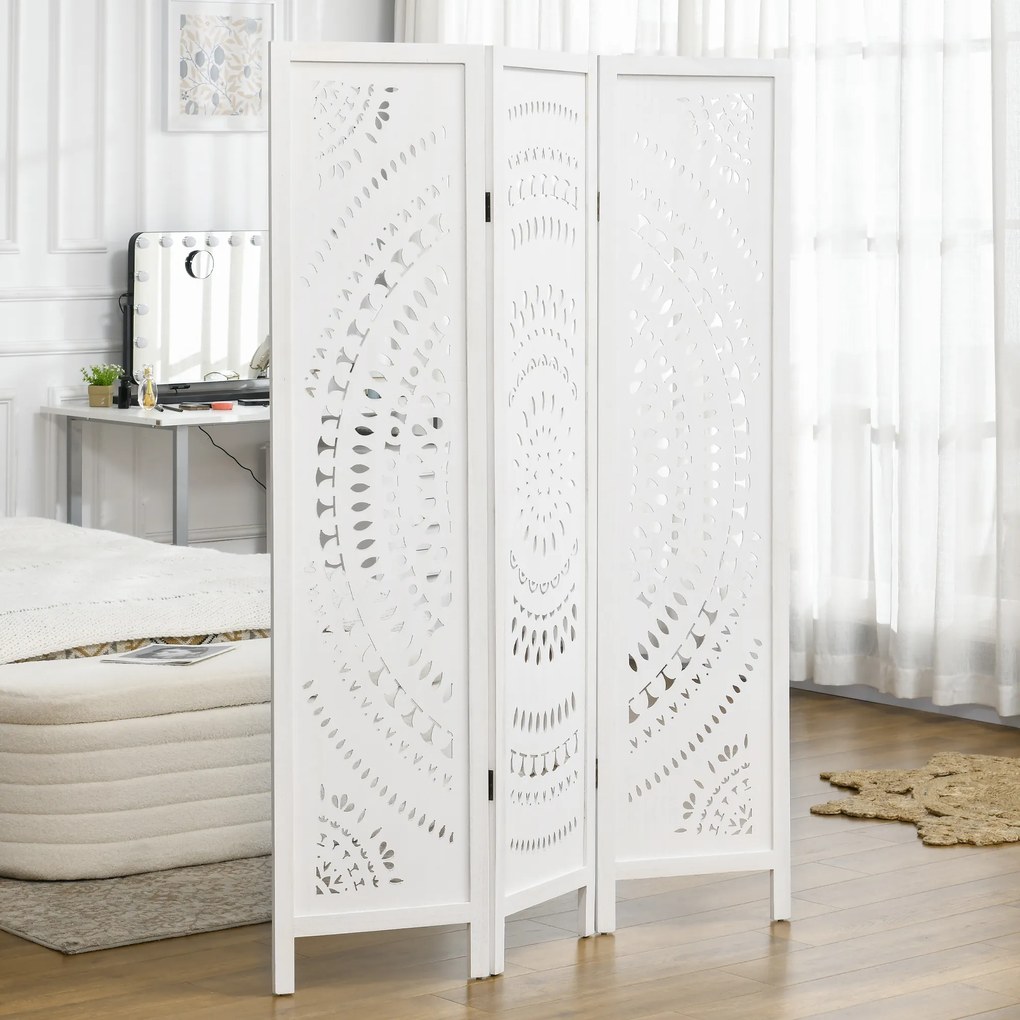 Biombo Dobrável de 3 Painéis de Madeira 120x170 cm Biombo Separador de Ambientes com Padrões Gravados Elegantes Branco