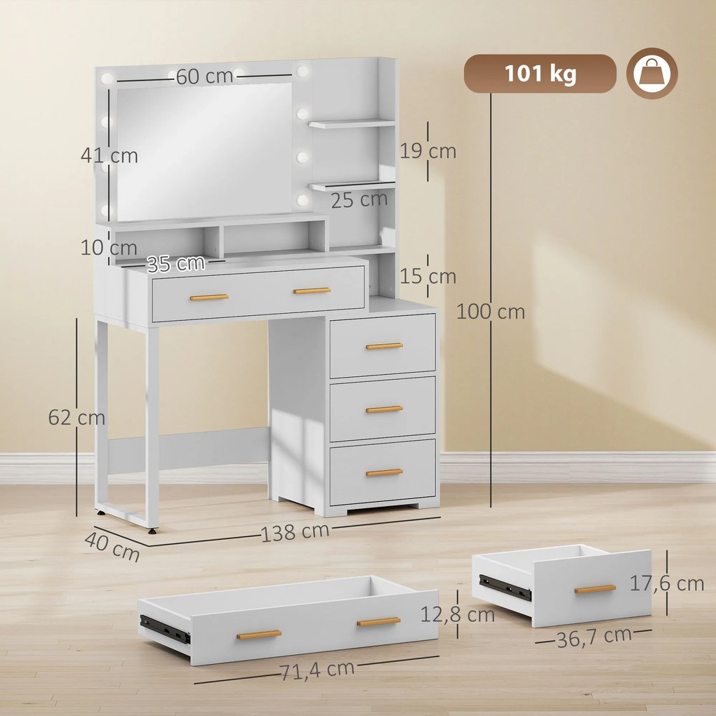 Toucador com espelho e 9 luzes LED, 4 gavetas e 6 compartimentos abertos, 100 x 40 x 138 cm, branco