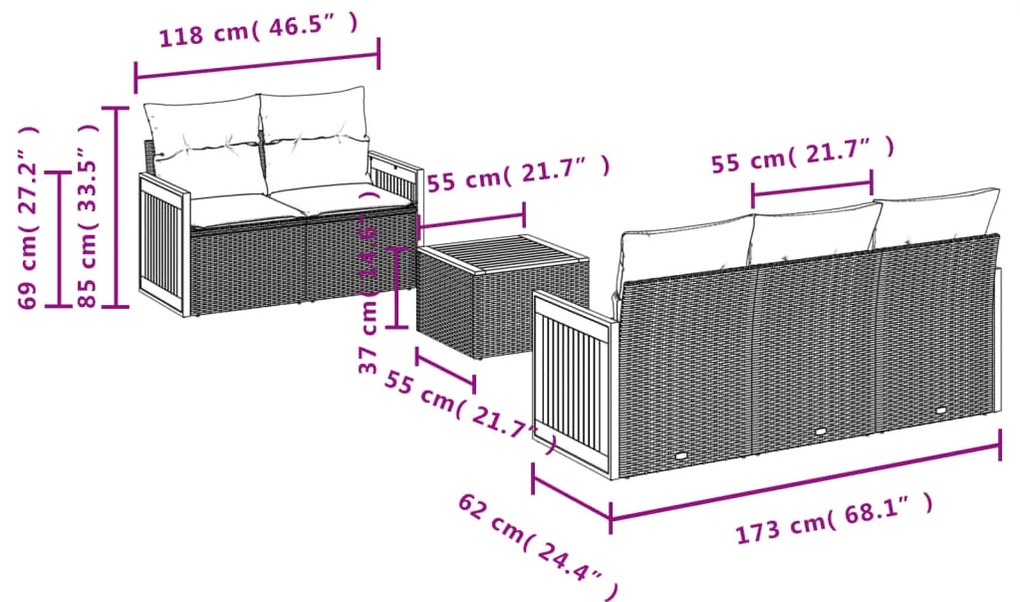 6 pcs conjunto de sofás p/ jardim com almofadões vime PE bege