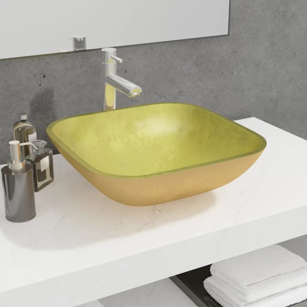 345260 vidaXL Lavatório 42x42x14 cm vidro dourado