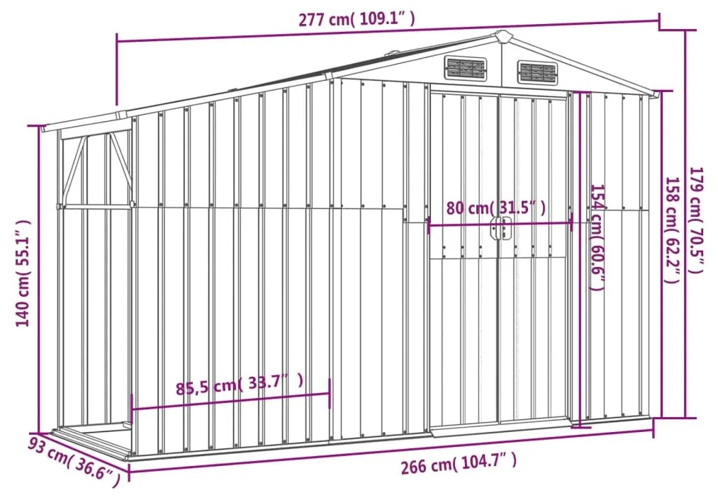 Abrigo de Jardim em Aço Galvanizado - 277x93x179 cm - Antracite