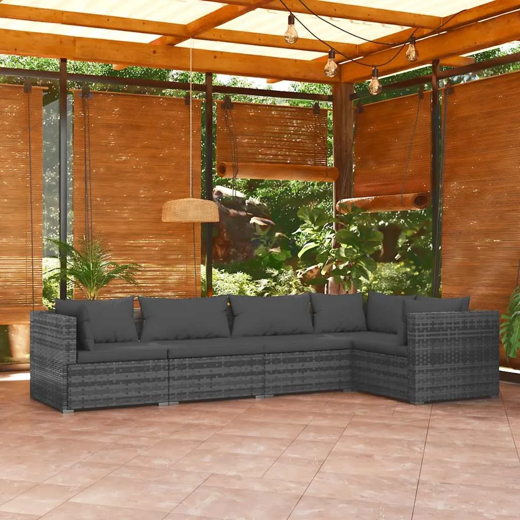 5 pcs conjunto lounge de jardim c/ almofadões vime PE cinzento