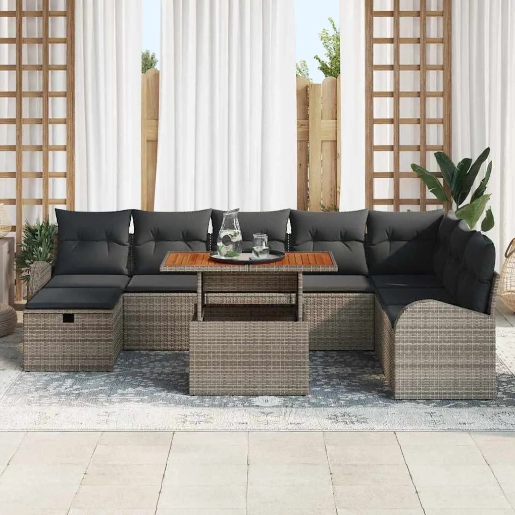 Conjunto de Sofá de Jardim com 9 peças e almofadas cinzas em rattan de