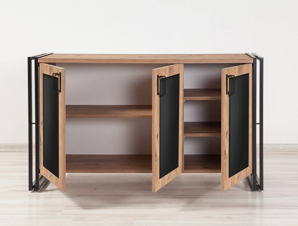 Aparador "Hakon" com 3 Portas - Pinho Atlântico e Preto - 140x80x45 cm