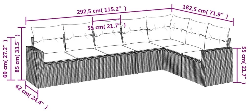 7 pcs conjunto de sofás p/ jardim com almofadões vime PE bege